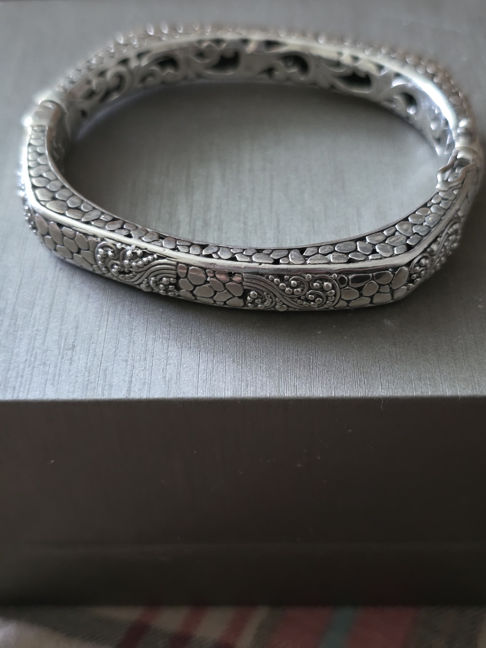 Sterling Silver Ornate Hexagonal Bangle Bracelet - Silver